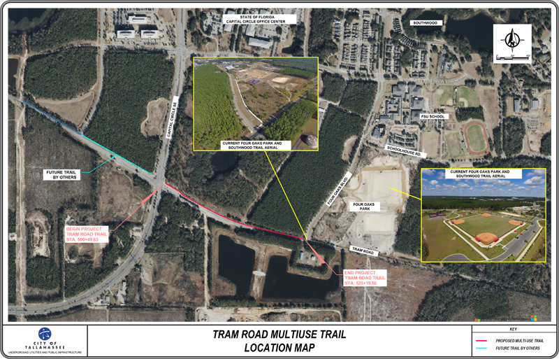 a map of the project area along Tram Road, with work occurring between Capital Circle SE and Four Oaks Boulevard.
